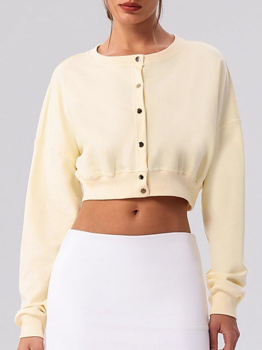 Cropped Button-Front Sweatshirt Cardigan