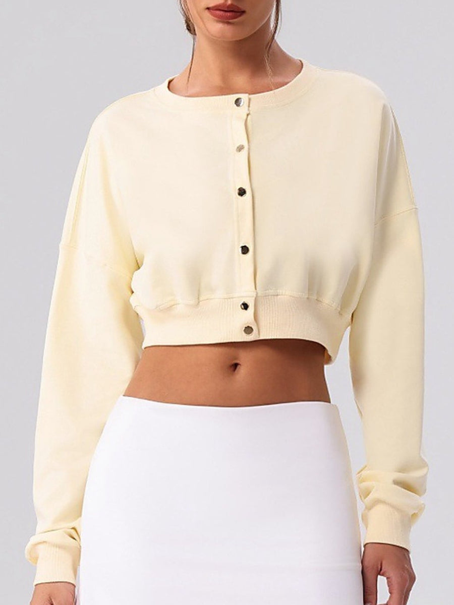 Cropped Button-Front Sweatshirt Cardigan