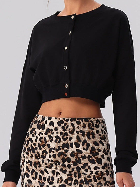 Cropped Button-Front Sweatshirt Cardigan