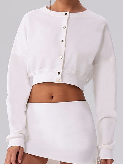 Cropped Button-Front Sweatshirt Cardigan