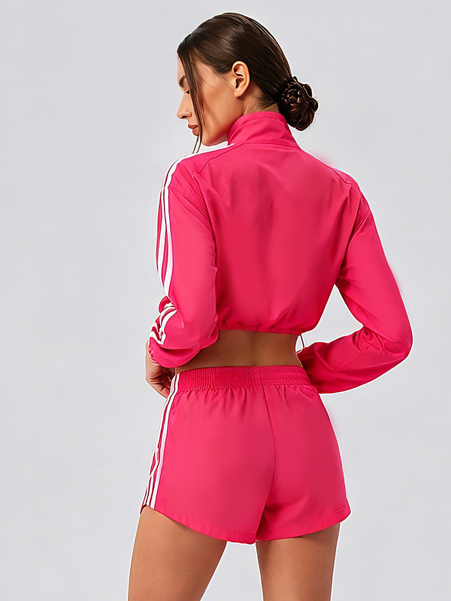 Women's Cropped Stand-Collar Full-Zip Track Jacket with Sleeve Stripes