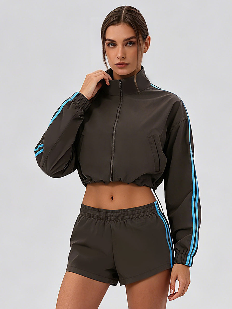 Women's Cropped Stand-Collar Full-Zip Track Jacket with Sleeve Stripes
