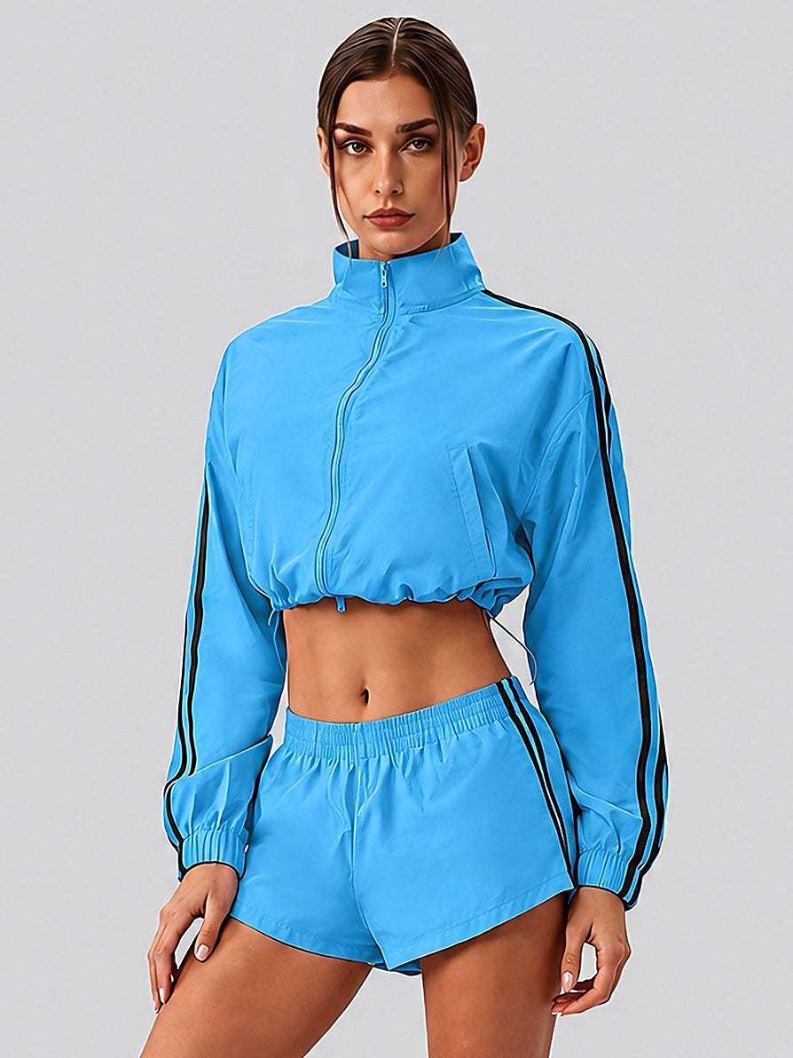 Women's Cropped Stand-Collar Full-Zip Track Jacket with Sleeve Stripes
