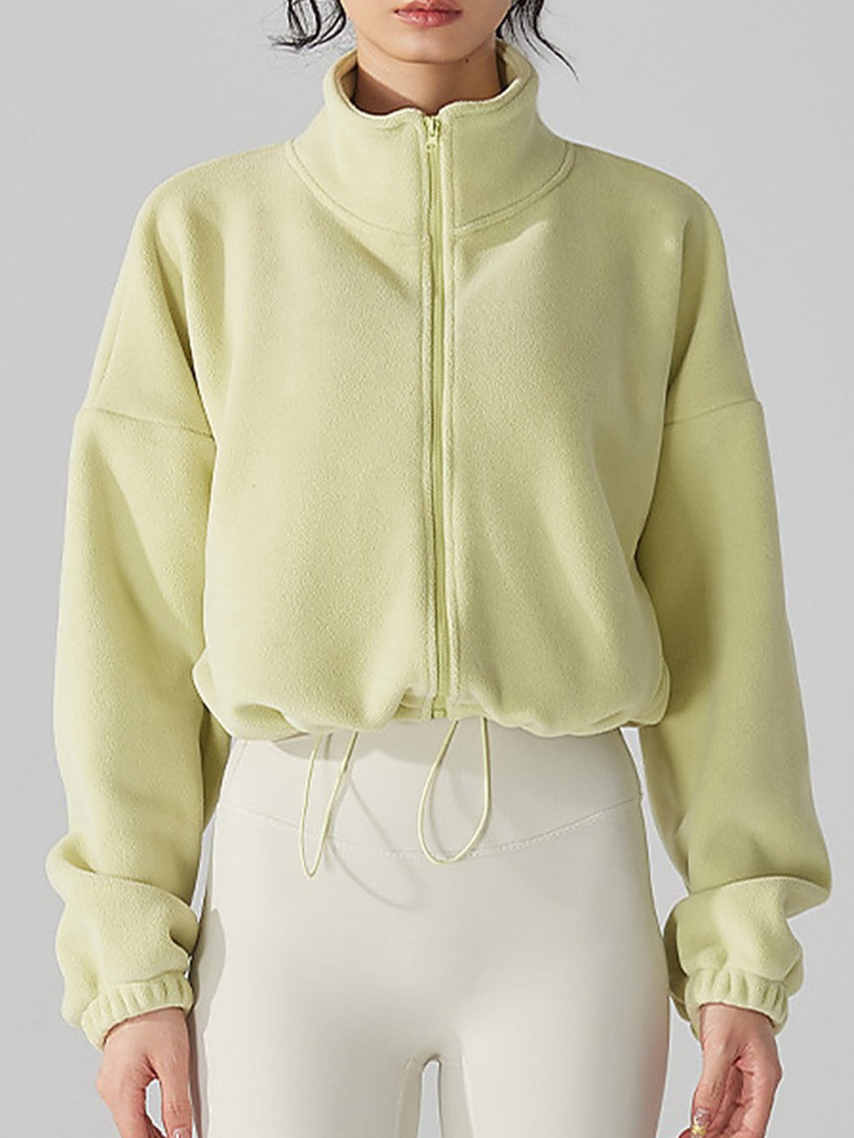 Women's Fleece Full-Zip Stand Collar Cropped Jacket
