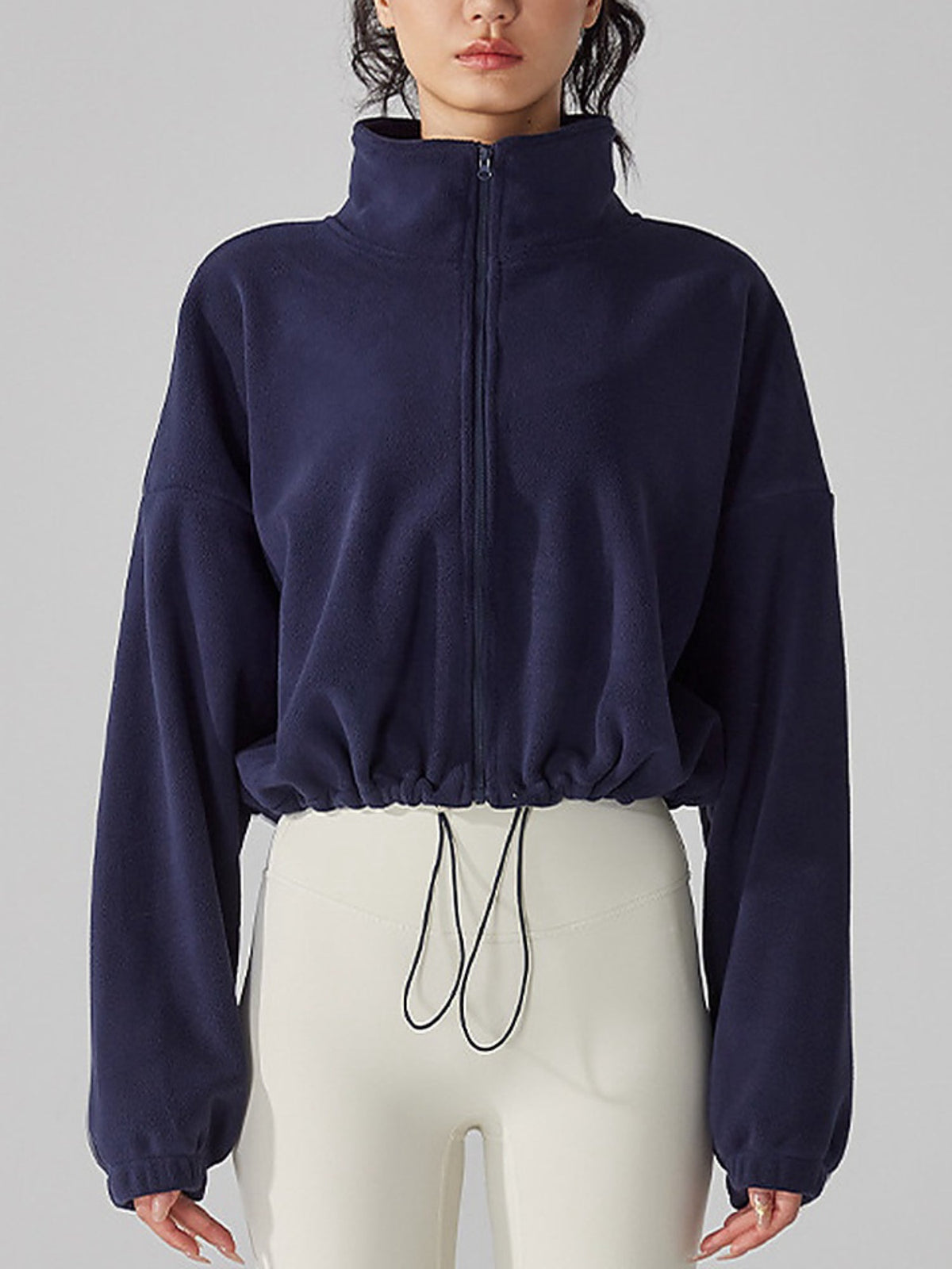 Women's Fleece Full-Zip Stand Collar Cropped Jacket