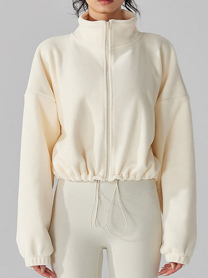 Women's Fleece Full-Zip Stand Collar Cropped Jacket