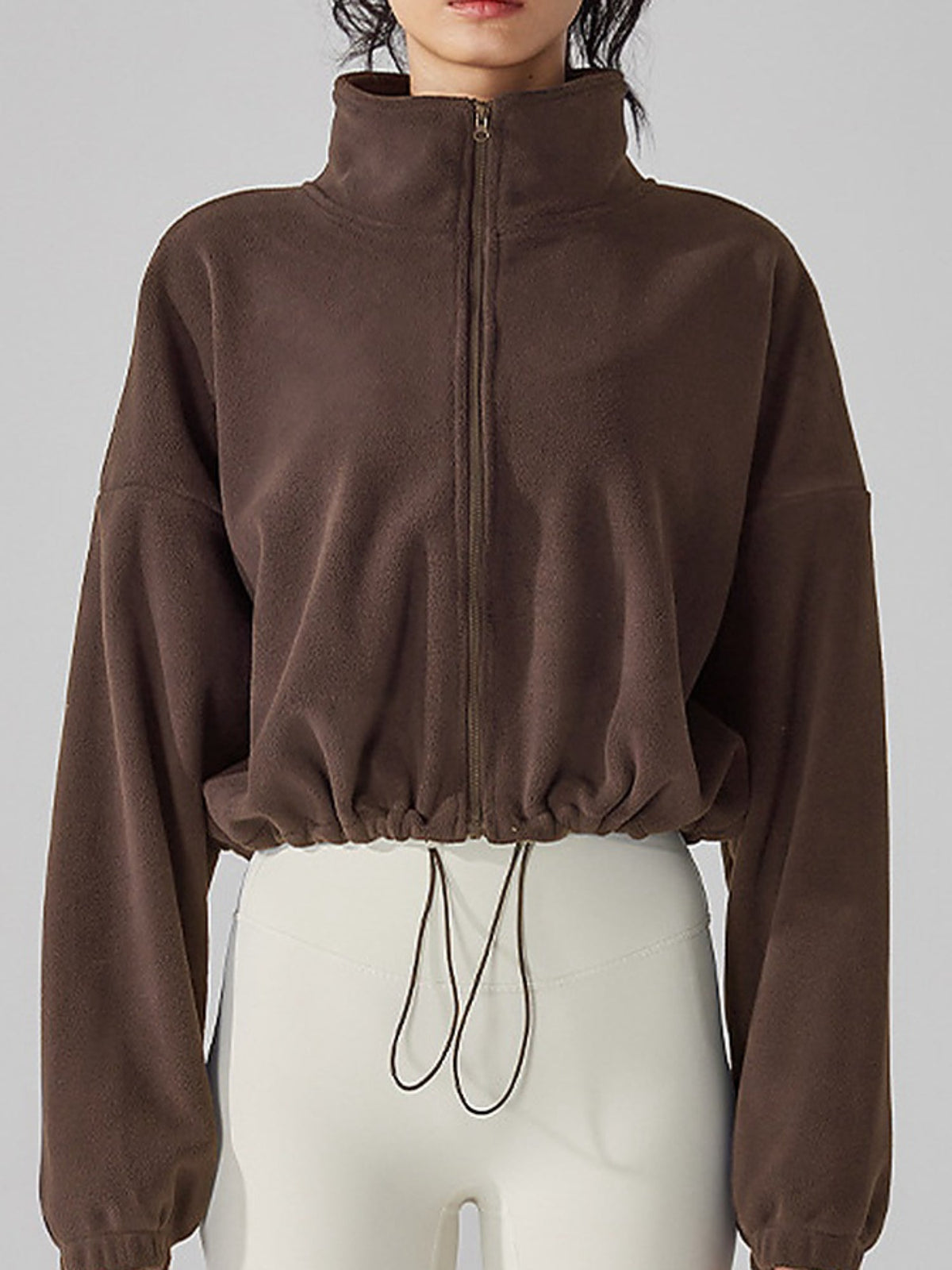 Women's Fleece Full-Zip Stand Collar Cropped Jacket