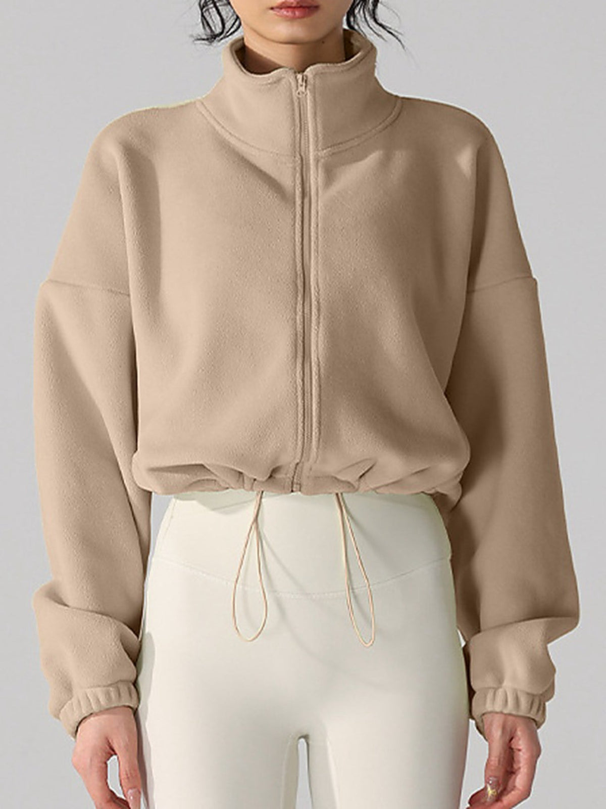 Women's Fleece Full-Zip Stand Collar Cropped Jacket