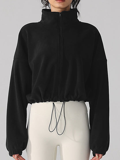 Women's Fleece Full-Zip Stand Collar Cropped Jacket