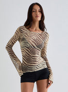 Retro Zebra Pattern Sheer Mesh Slim Fit Going Out Top