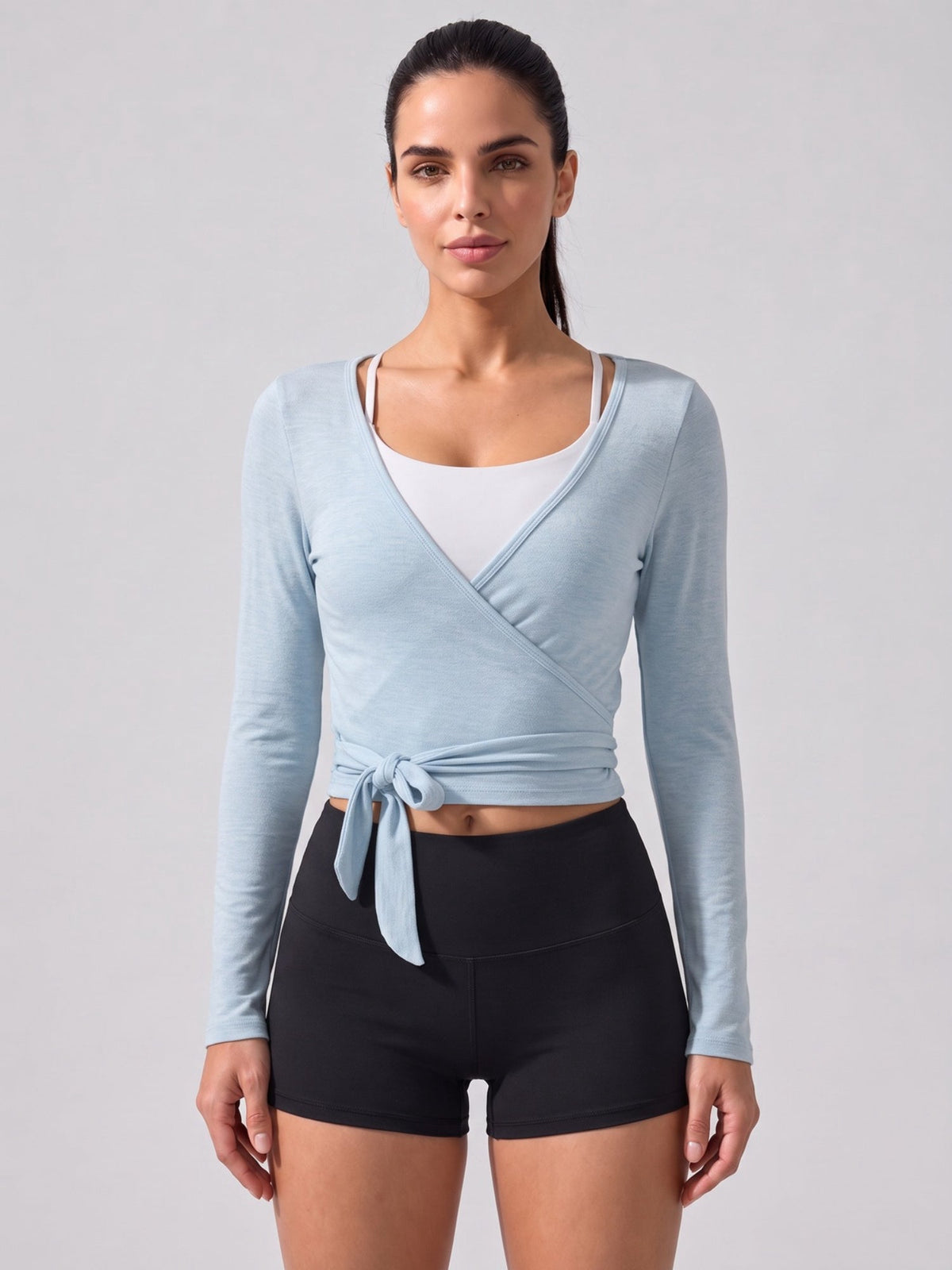 Women's Cropped Long Sleeve Wrap Tie Yoga Top