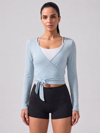 Women's Cropped Long Sleeve Wrap Tie Yoga Top