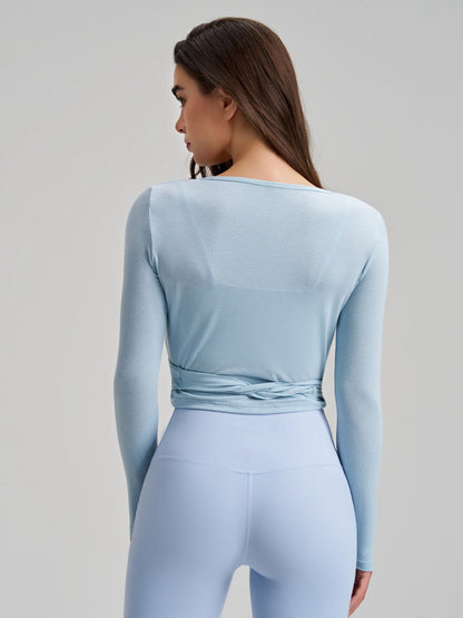 Women's Cropped Long Sleeve Wrap Tie Yoga Top