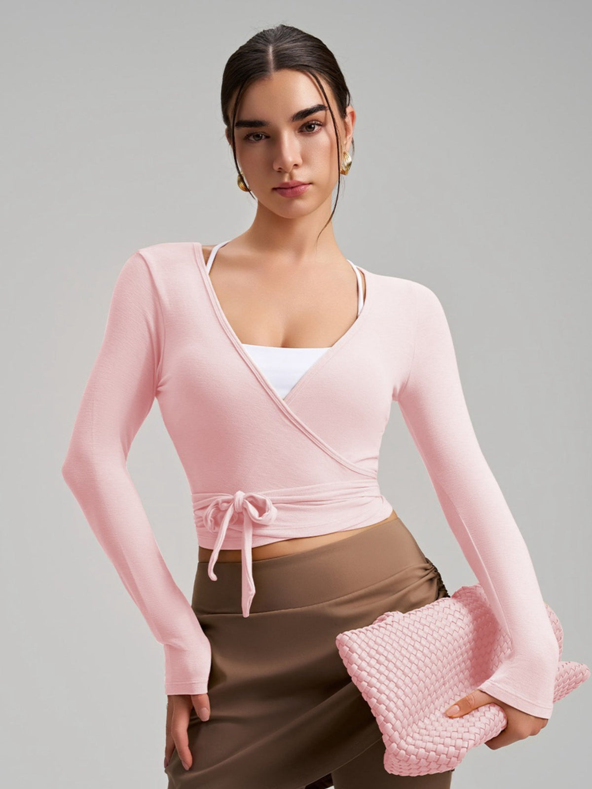 Women's Cropped Long Sleeve Wrap Tie Yoga Top