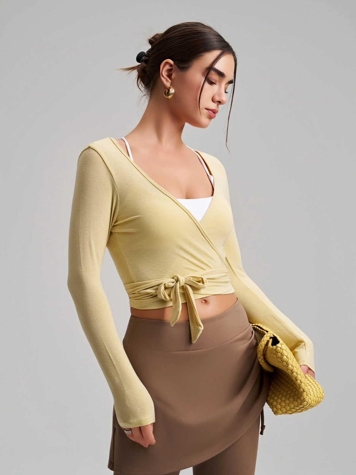 Women's Cropped Long Sleeve Wrap Tie Yoga Top