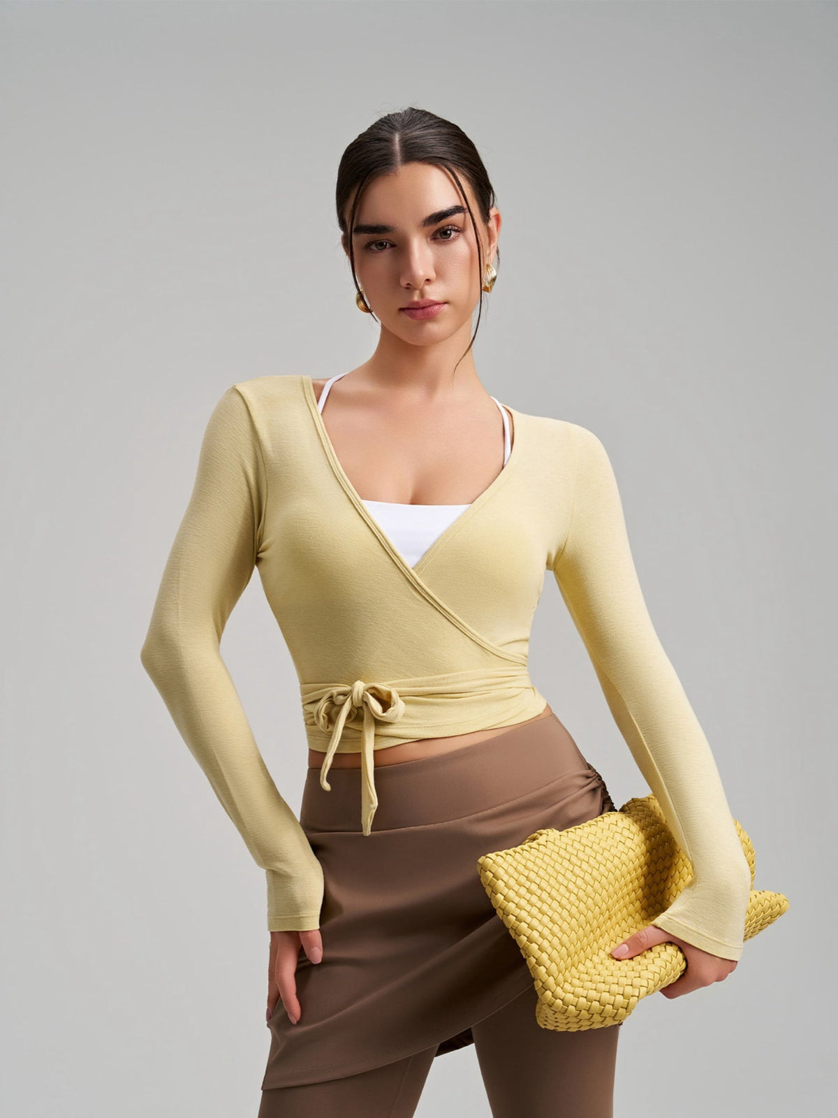 Women's Cropped Long Sleeve Wrap Tie Yoga Top