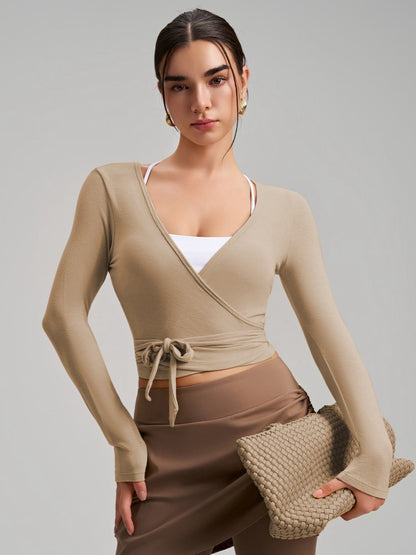 Women's Cropped Long Sleeve Wrap Tie Yoga Top