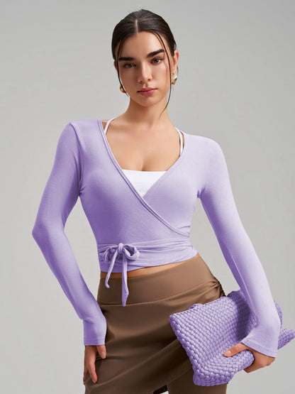 Women's Cropped Long Sleeve Wrap Tie Yoga Top