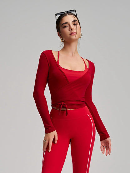 Women's Cropped Long Sleeve Wrap Tie Yoga Top