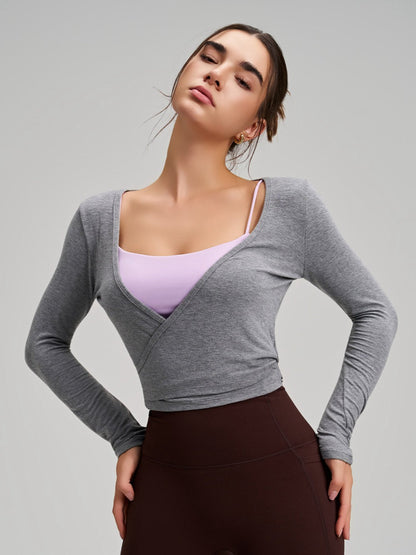 Women's Cropped Long Sleeve Wrap Tie Yoga Top