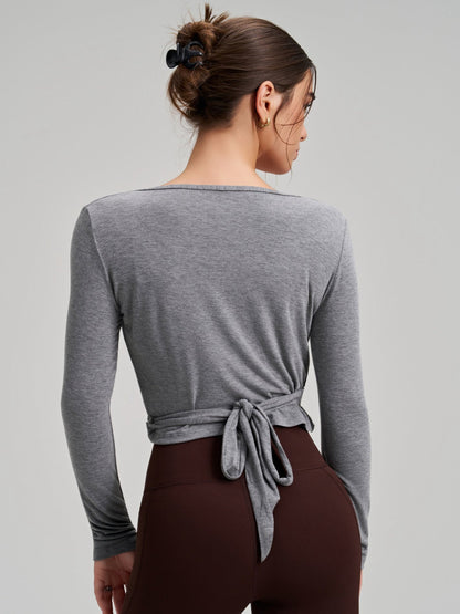 Women's Cropped Long Sleeve Wrap Tie Yoga Top