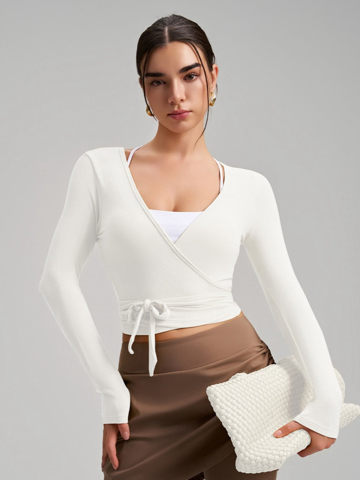 Women's Cropped Long Sleeve Wrap Tie Yoga Top