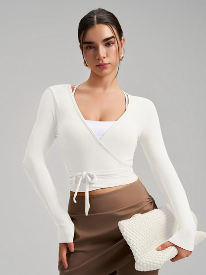 Women's Cropped Long Sleeve Wrap Tie Yoga Top