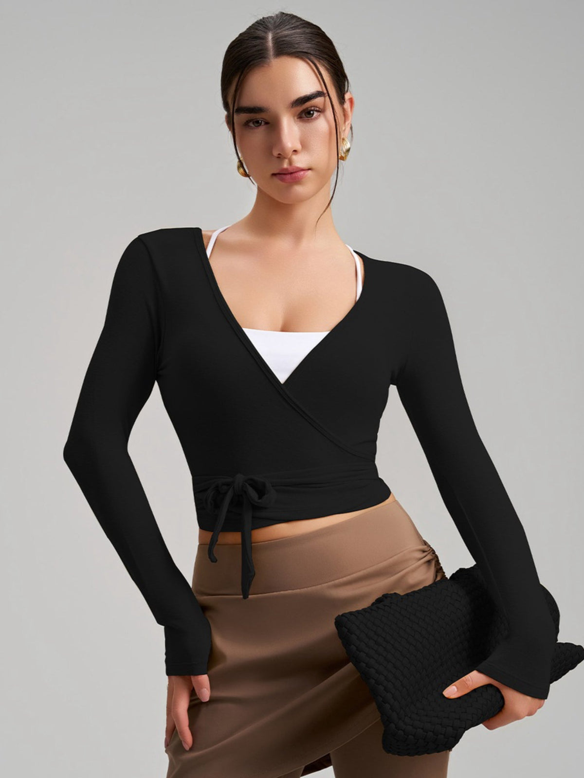 Women's Cropped Long Sleeve Wrap Tie Yoga Top