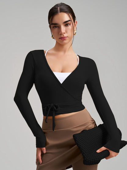 Women's Cropped Long Sleeve Wrap Tie Yoga Top