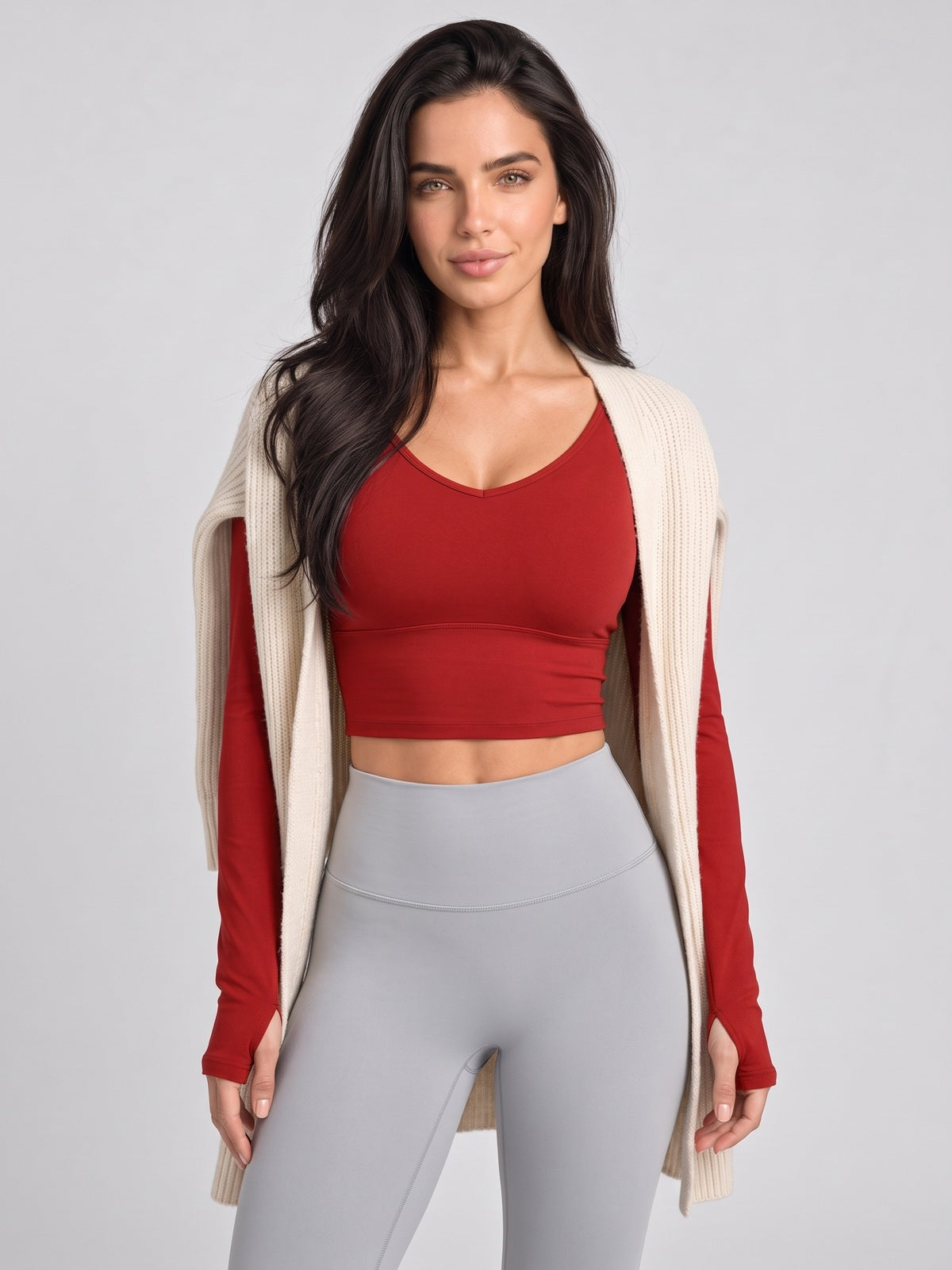 Women's V-Neck Long Sleeve Cropped Yoga Top with Open Back