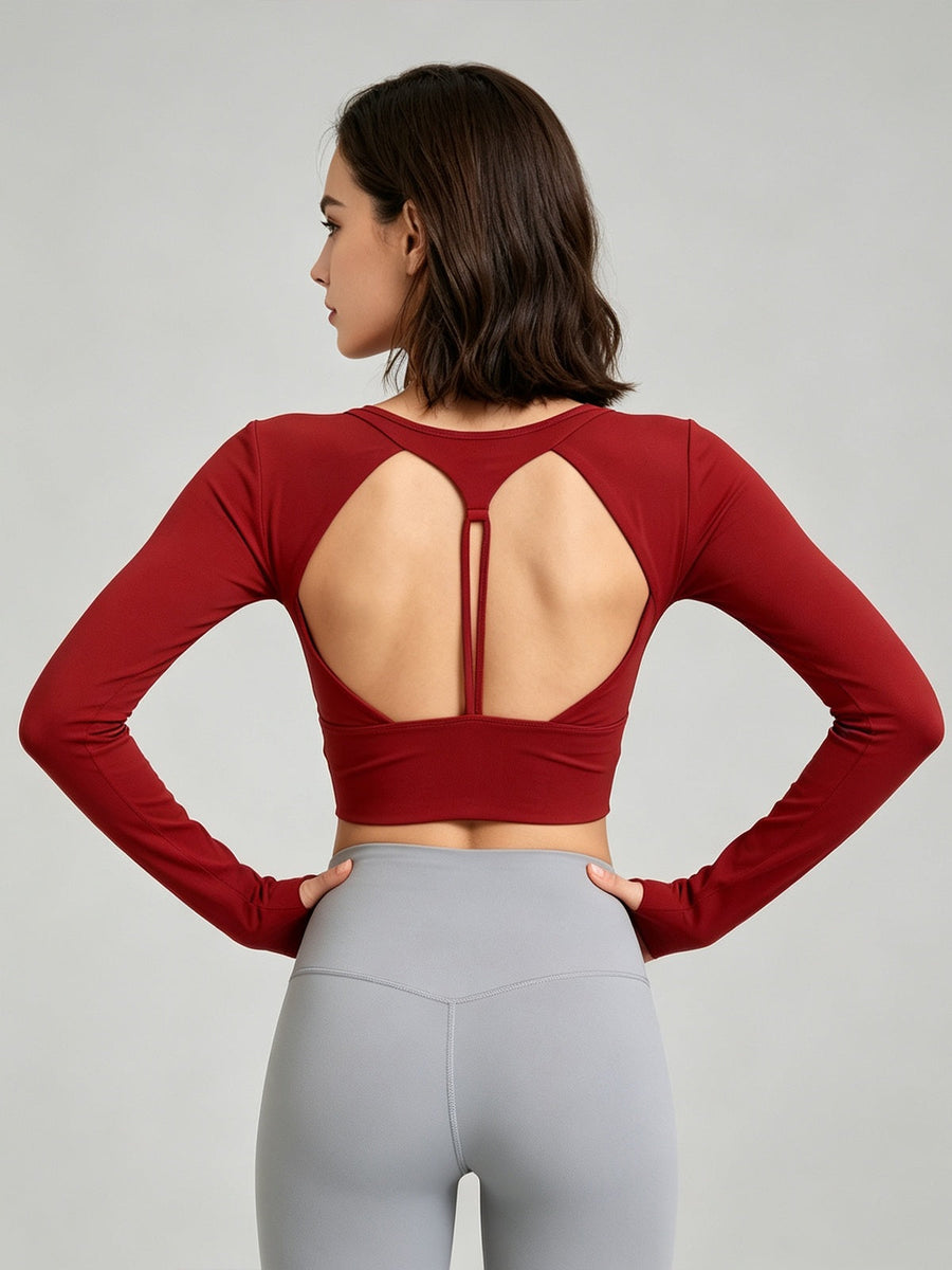 Women's V-Neck Long Sleeve Cropped Yoga Top with Open Back