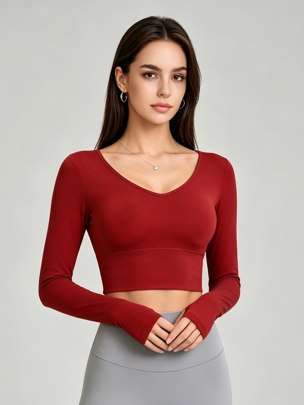 Women's V-Neck Long Sleeve Cropped Yoga Top with Open Back