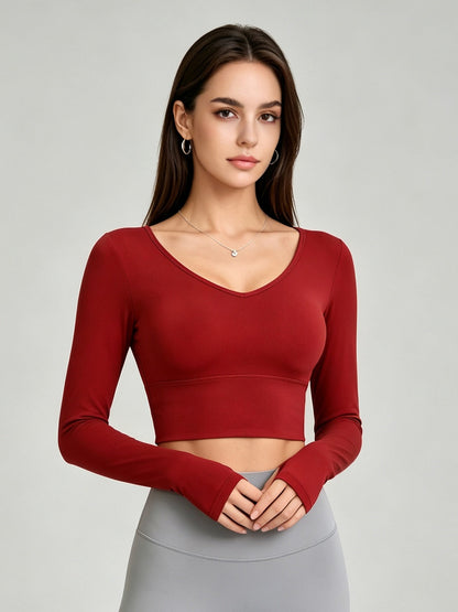 Women's V-Neck Long Sleeve Cropped Yoga Top with Open Back