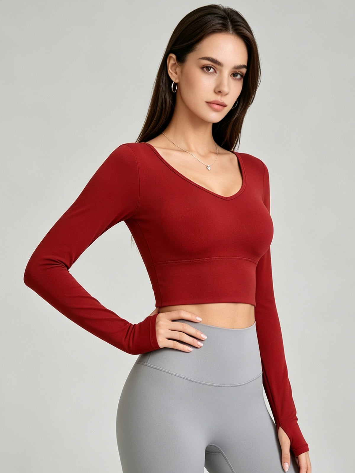 Women's V-Neck Long Sleeve Cropped Yoga Top with Open Back