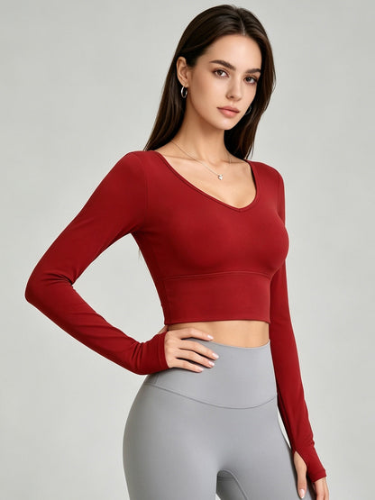 Women's V-Neck Long Sleeve Cropped Yoga Top with Open Back