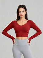 Women's V-Neck Long Sleeve Cropped Yoga Top with Open Back
