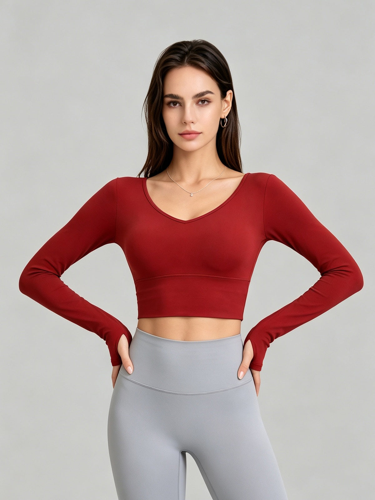 Women's V-Neck Long Sleeve Cropped Yoga Top with Open Back