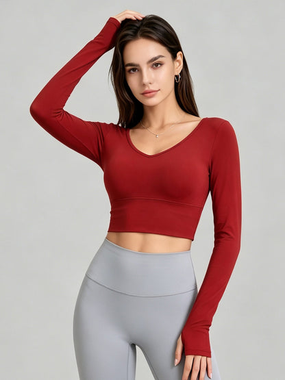 Women's V-Neck Long Sleeve Cropped Yoga Top with Open Back