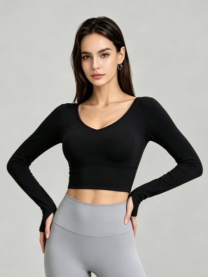 Women's V-Neck Long Sleeve Cropped Yoga Top with Open Back