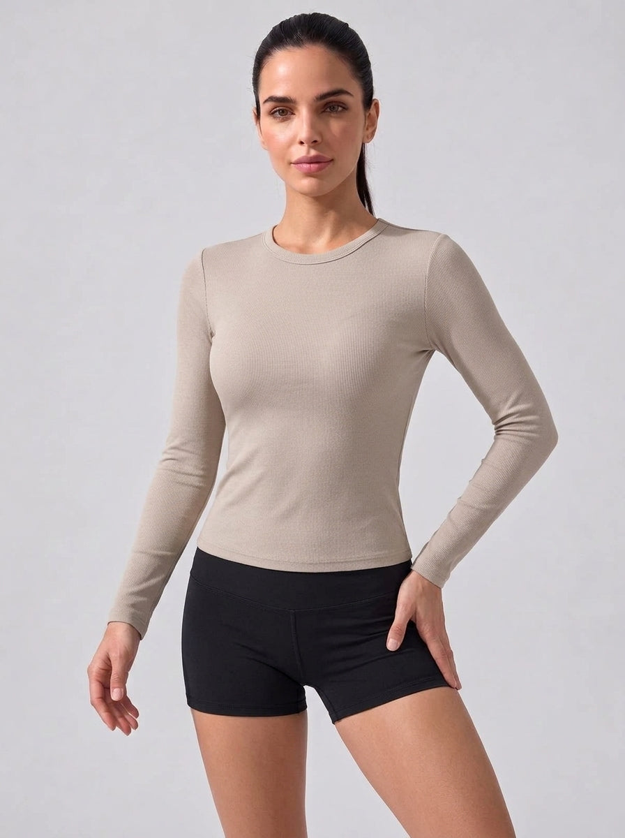 Women's Long Sleeve Crew Neck Top with Built-in Bra