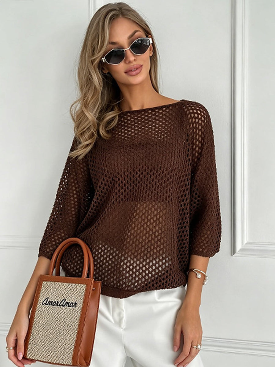 Women's Sheer Open Mesh Knit Long Sleeve Pullover Top
