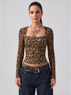 Leopard Print Cropped Square Neck Long Sleeve Top