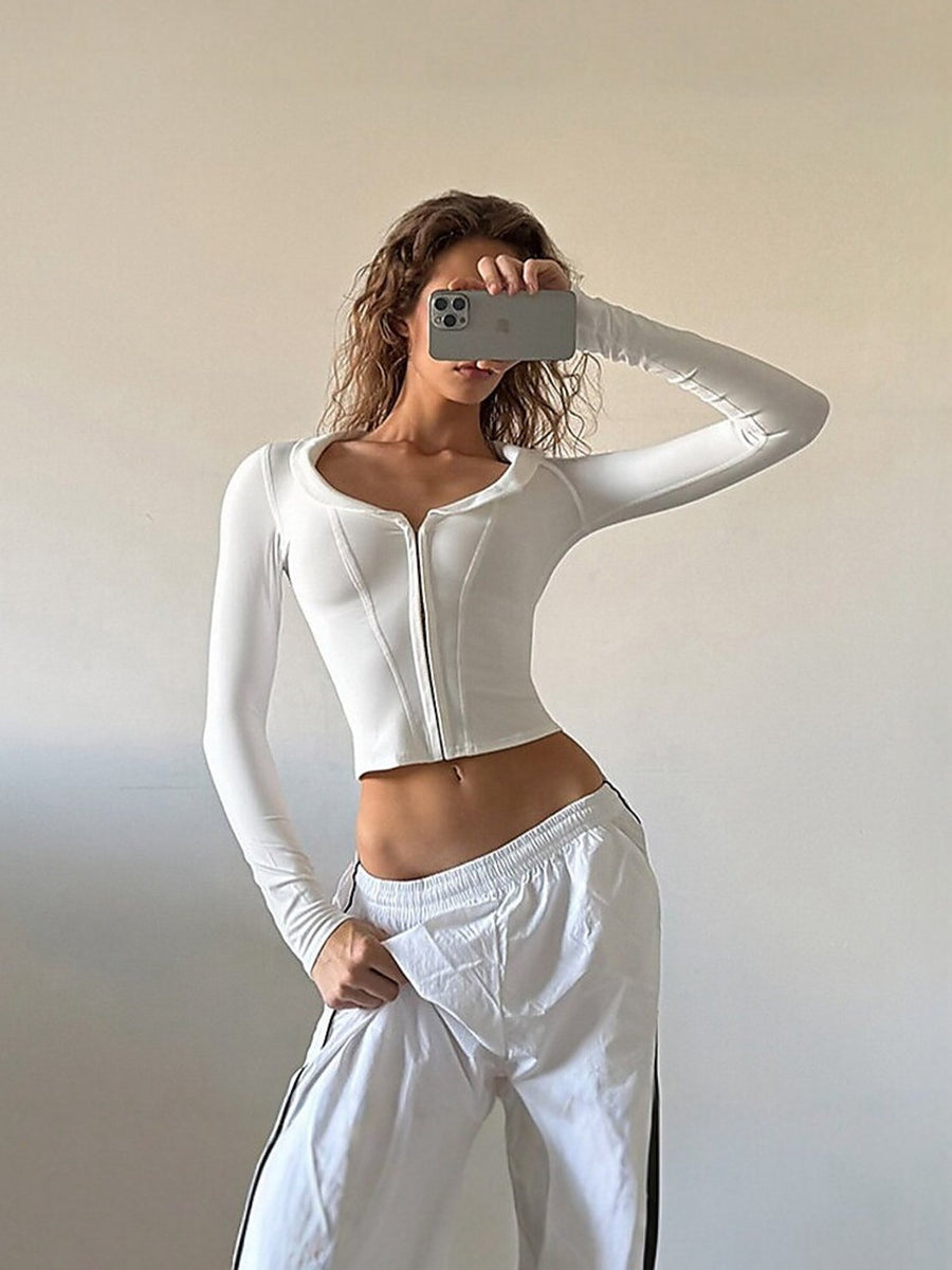 Women's Deep V-Neck Zipper Long Sleeve Crop Top