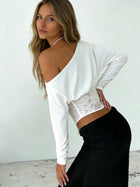 Asymmetric Off-Shoulder Long Sleeve Crop Top with Lace Panel