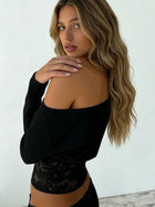 Asymmetric Off-Shoulder Long Sleeve Crop Top with Lace Panel