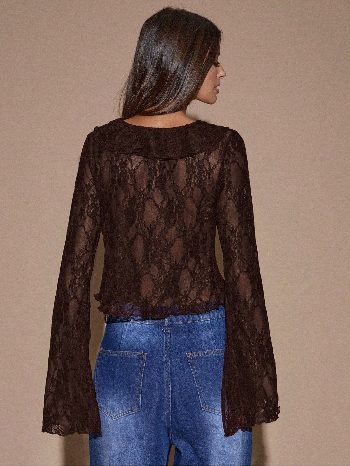 Sheer Lace Ruffle V-Neck Tie-Front Bell Sleeve Top