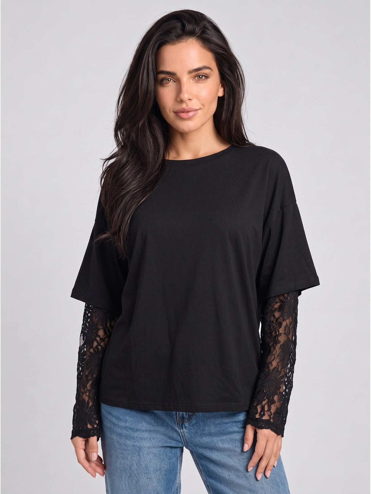 Lace Sleeve Drop Shoulder Round Neck Long Sleeve Top