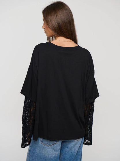Lace Sleeve Drop Shoulder Round Neck Long Sleeve Top