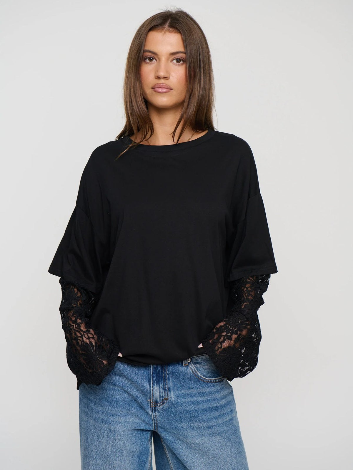 Lace Sleeve Drop Shoulder Round Neck Long Sleeve Top