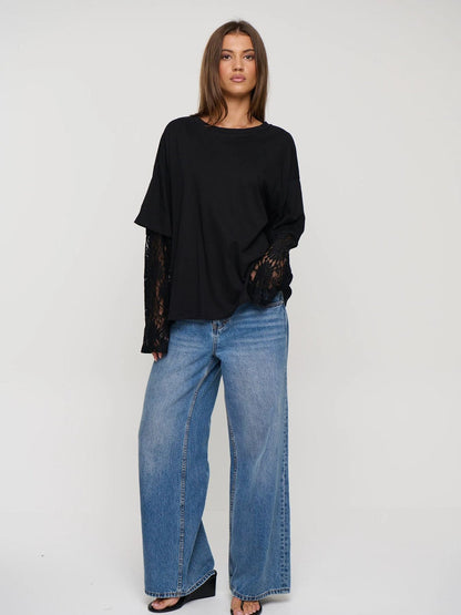 Lace Sleeve Drop Shoulder Round Neck Long Sleeve Top